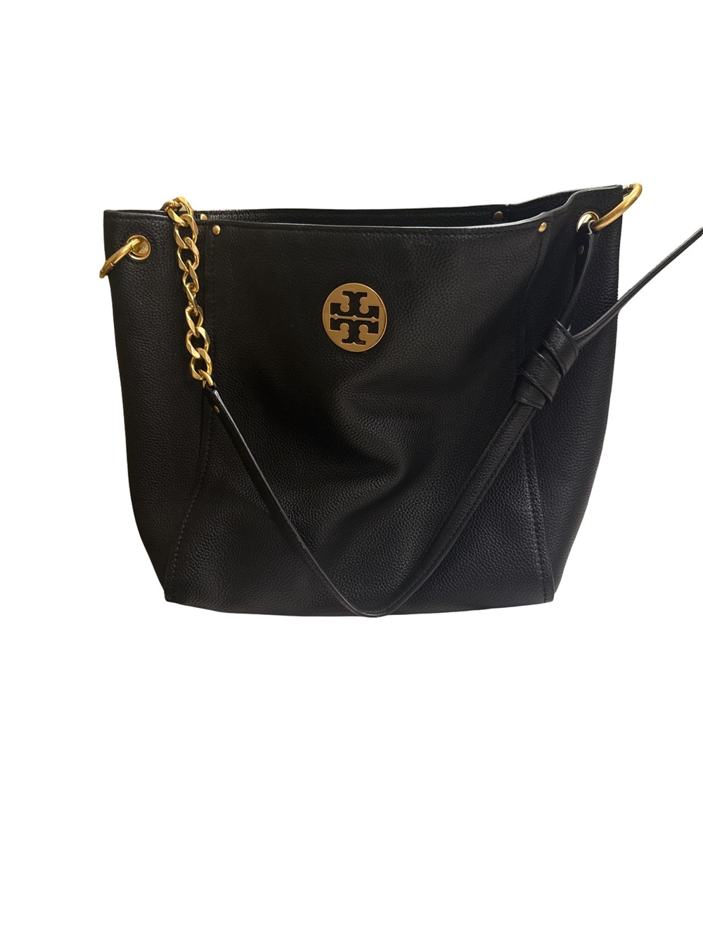 Tory Burch Black Pebbled Leather Shoulder Bag with Gold Logo